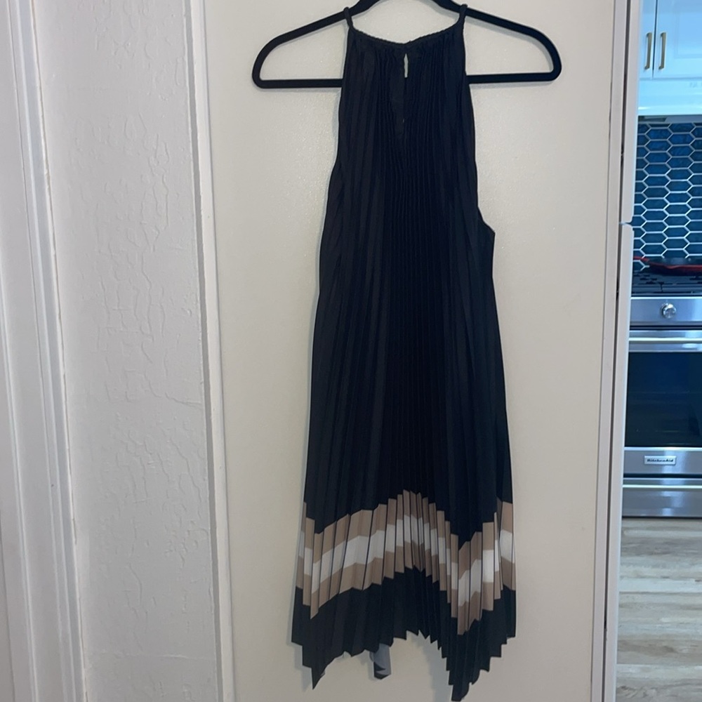 Ramy Brook Black Pleated Mini Dress with Neutral Chevron Hem - Picture 2 of 8